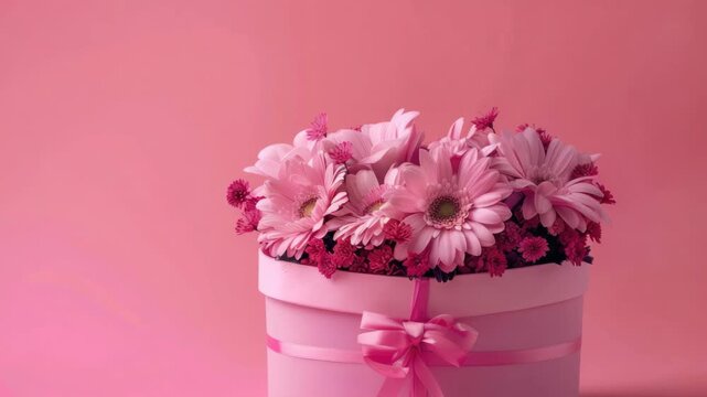 Cake in white box adorned with pink and purple flowers for a birthday celebration.