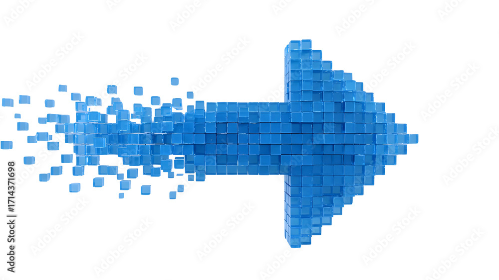 Poster abstract blue pixelated arrow dissolving into small cubes isolated on transparent background