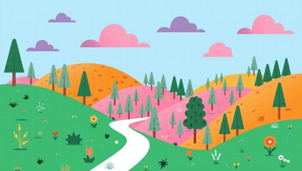 Colorful hills with winding path and flowers under blue sky  