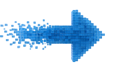 Abstract blue pixelated arrow dissolving into small cubes isolated on transparent background