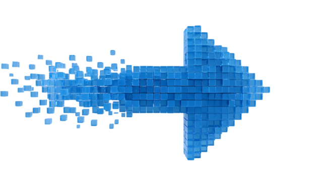 Abstract blue pixelated arrow dissolving into small cubes isolated on transparent background