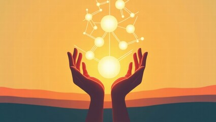 Two hands holding glowing sphere against a sunset backdrop  