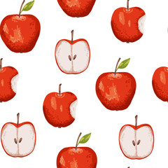 Seamless pattern of red apple fruit whole and bitten