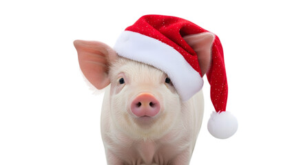 Cute piglet wearing a santa hat, isolated on transparent background, perfect for christmas and new year celebrations