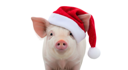 Cute piglet wearing a santa hat, isolated on transparent background, perfect for christmas and new year celebrations