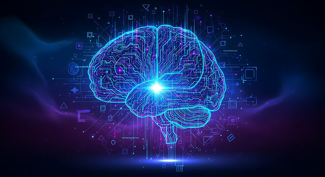 A glowing digital brain illustrates artificial intelligence with luminous neural networks and futuristic data streams on a dark background