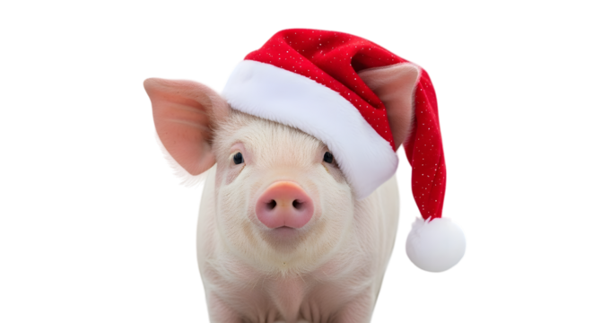 Cute piglet wearing a santa hat, isolated on transparent background, perfect for christmas and new year celebrations
