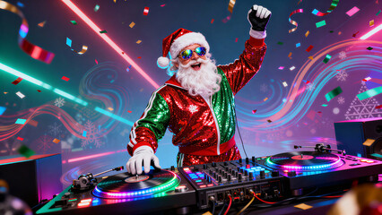 Cool Santa DJ spinning records at a vibrant neon Christmas party with confetti
