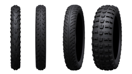 Four different motorcycle tires showing tread patterns isolated on transparent background