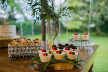 Mesa de postres elegantes con mousse, tartaletas y trufas en decoración sofisticada para evento al aire libre