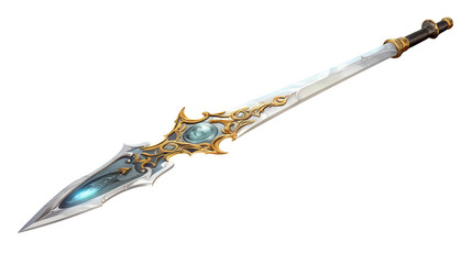 Magnificent ornate fantasy sword with glowing blue energy and golden intricate details