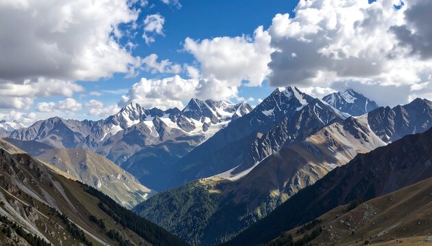 Panoramic mountain range with snow-capped peaks