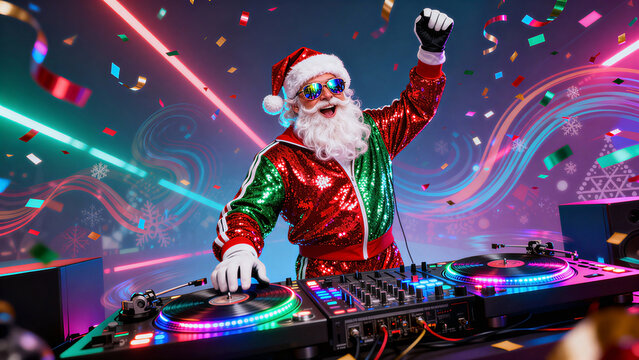 Cool Santa DJ spinning records at a vibrant neon Christmas party with confetti