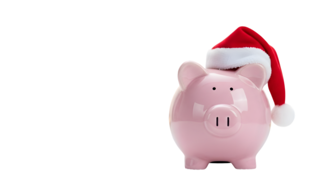 A pink ceramic piggy bank adorned with a festive santa hat, isolated on a clean transparent background, ideal for holiday finance themes