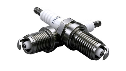Two metallic spark plugs crossed over each other isolated on transparent background