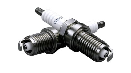 Two metallic spark plugs crossed over each other isolated on transparent background