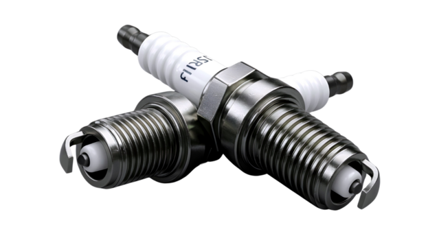 Two metallic spark plugs crossed over each other isolated on transparent background