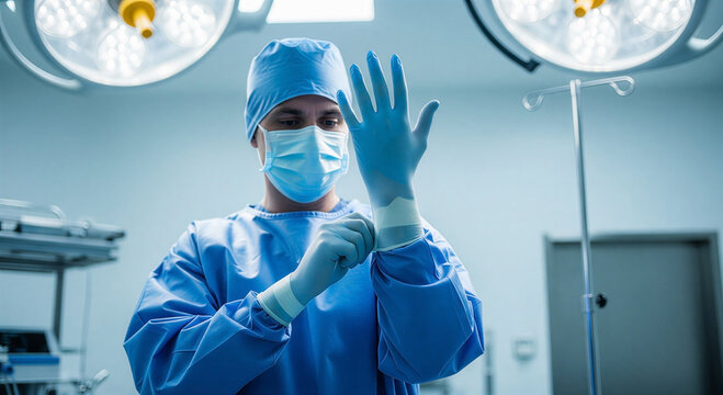 Focused surgeon preparing for surgery in sterile operating room