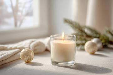 minimalist christmas celebration in usa featuring softly glowing candle on clean table