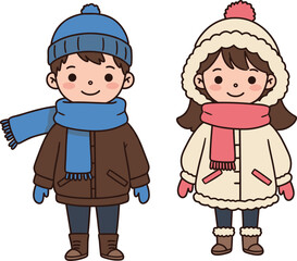 Winter kids fashion, cartoon children in coats, cold weather clothing, warm accessories, smiling faces, seasonal outfit, gloves, boots, scarf, snow