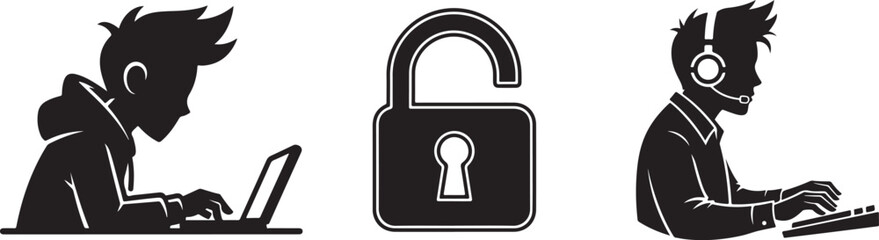 Cybersecurity User Roles Vector Illustration

Hacker, Open Lock, and Gamer Silhouettes

IT Professional and Cyber User Icons

Black and White Technology User Profiles