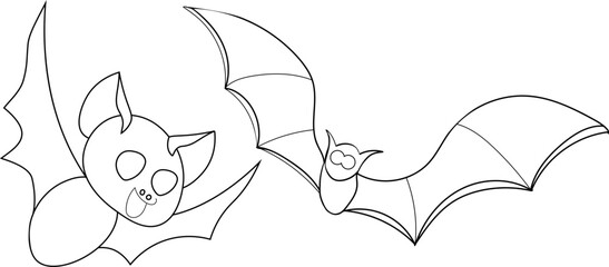 Set of two stylized bats in black line art, featuring a silly bat with its tongue out and another with a big eyes. Perfect for Halloween coloring pages or kids crafts.