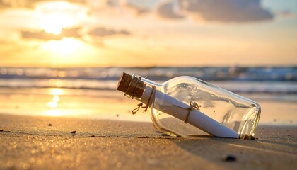 Message in a bottle at sunrise on a beach