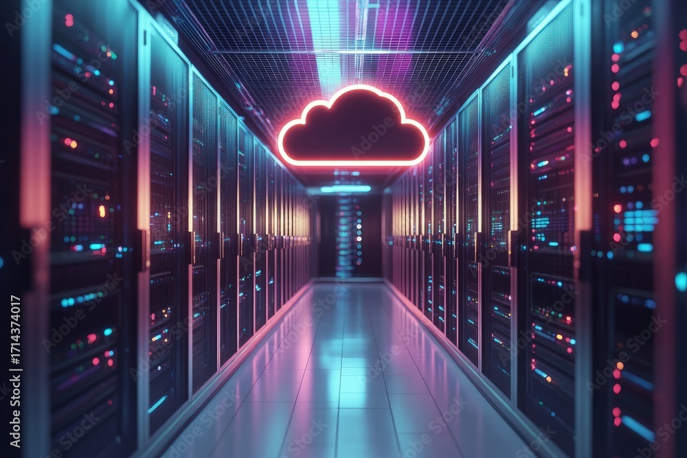 Aufkleber neon glowing cloud computing icon suspended in futuristic data center corridor, representing it infr