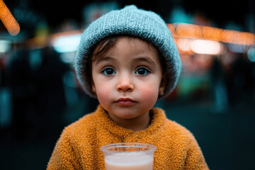 joyful family strolls through magical christmas market filled with ultrabright lights and festive decorations