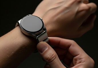 Closeup of a persons wrist wearing a modern silver smartwatch with a metallic band, showcasing technology and personal style