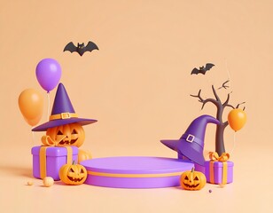 Halloween scene with pumpkins, hats, and balloons.  A 3D rendered display