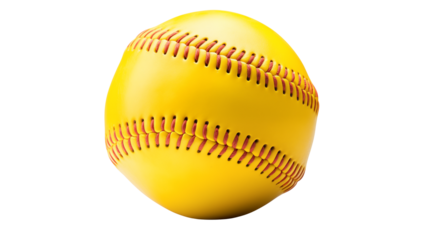 Vibrant yellow softball with red stitching ready for game time action and athletic achievement