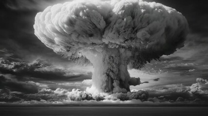 A massive mushroom cloud ascends into the sky over the ocean during a nuclear test, capturing the dramatic impact of the explosion - Powered by Adobe