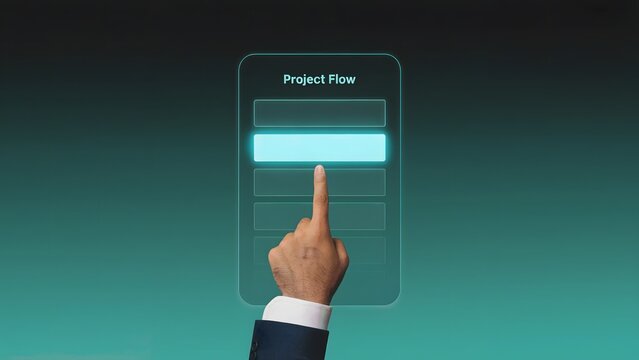 A conceptual shot shows a hand is pointing and interacting with a digital interface labeled Project Flow. The image illustrates the process of planning and project management with modern technology.