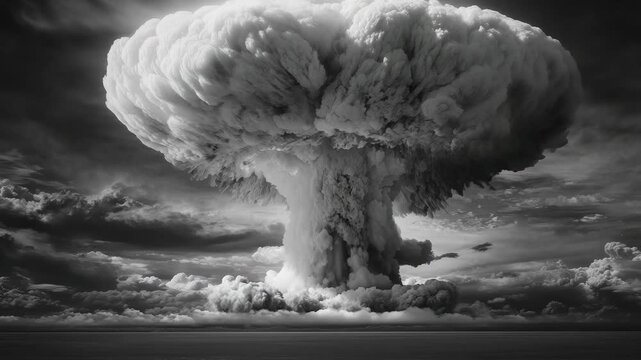 A massive mushroom cloud ascends into the sky over the ocean during a nuclear test, capturing the dramatic impact of the explosion