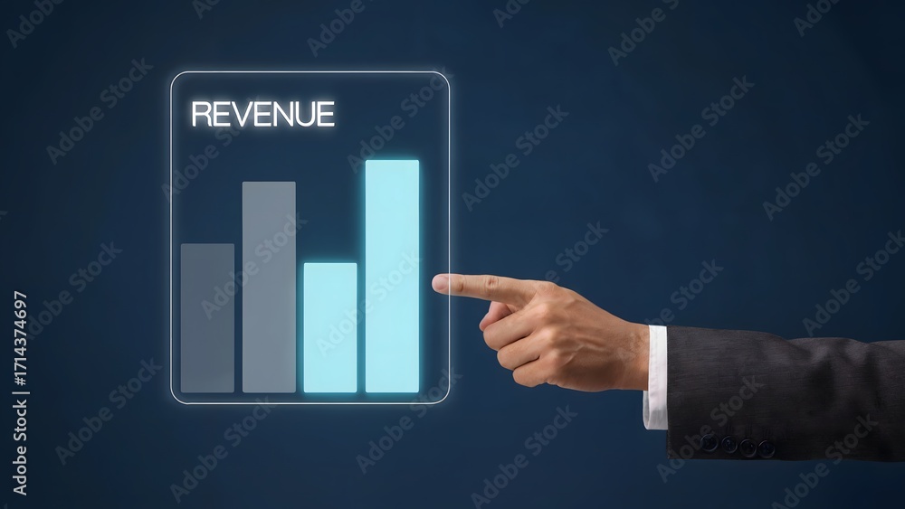 Wall mural a business hand is pointing on revenue charts on a clean, modern digital interface, symbolizing grow