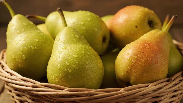Fresh Pears in Wicker Basket - Juicy, ripe pears with water droplets are nestled together in a rustic wicker basket. The pears are a mix of green and yellow hues, showcasing their freshness.