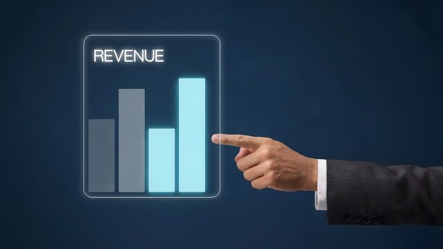 A business hand is pointing on revenue charts on a clean, modern digital interface, symbolizing growth. A visual representation of financial progress and statistical analysis. 