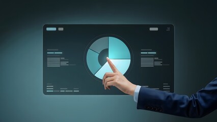 A man in a business suit points at a financial pie chart on a modern digital interface, symbolizing analysis and business strategy.