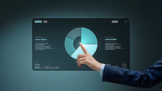 A man in a business suit points at a financial pie chart on a modern digital interface, symbolizing analysis and business strategy.