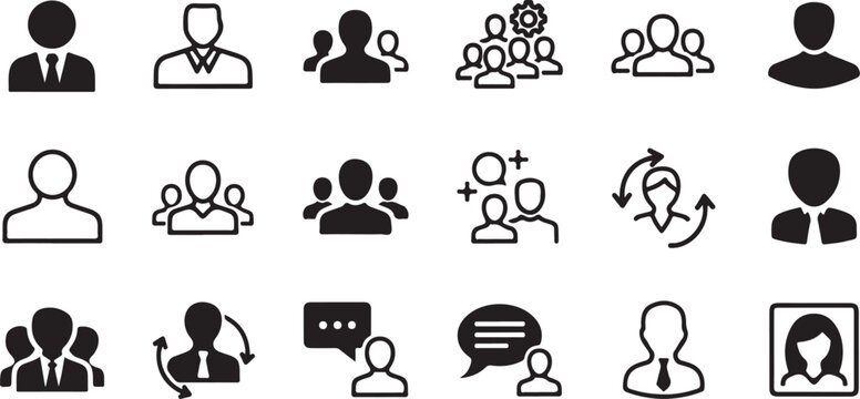 User and Group Icon Set with Variations: Chat, Teamwork, and Business

Modern People Icon Pack: Business, Social, and Profile Vectors

Black and White User Icons for UI/UX Design and Websites