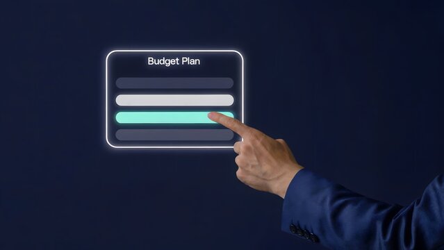 A person's finger interacting with a futuristic interactive screen displaying financial planning options, showcasing concepts like finance, digital transformation, and technological innovation.