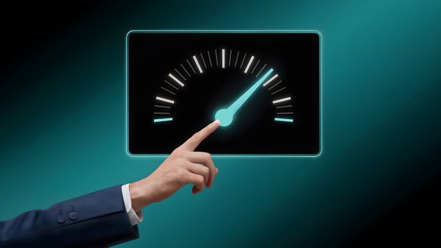 A businessperson's finger interacting with a virtual speedometer, symbolizing the power of speed, efficiency, and success within a business context. 