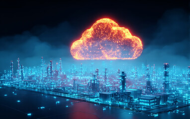 Futuristic cityscape with glowing cloud representing cloud computing technology