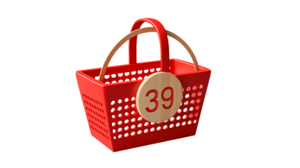 Red shopping basket with wooden tag displaying number 39 for retail sale