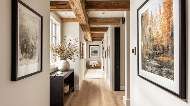 A rustic-modern hallway, natural wood textures, exposed beams, minimalist artwork in fall hues, neutral wall, copy space