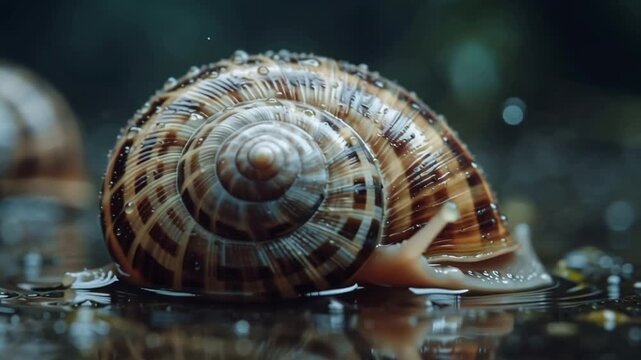 Macro close-up of a garden snail with a beautifully patterned spiral shell crawling on a wet, reflective surface after a rain shower