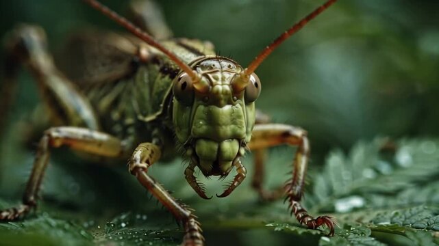 Close-Up of a Grasshopper on a Fern, Detailed Insect Macro Photography