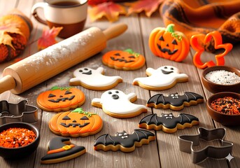 Spooky Sweets: A delectable spread of Halloween-themed treats, including smiling pumpkin cookies, ghostly figures, and bat-shaped delights, set against a backdrop of baking tools and autumnal accents.