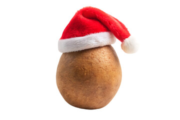Brown kiwi fruit with Santa hat creating unique Christmas decoration and fuzzy textured holiday styling, isolated on a transparent background